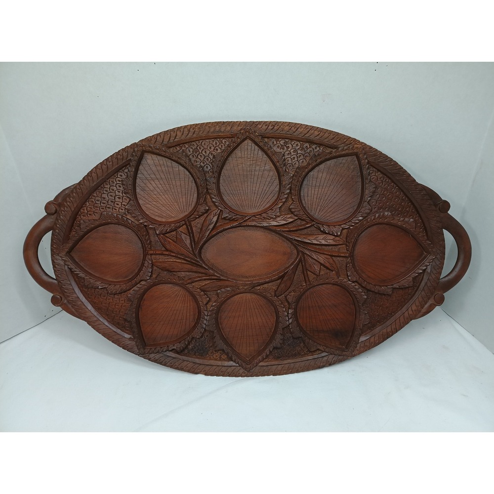 VTG Hand Carved Indian Wood Floral Fan Serving Tray Oval Platter Tiki Tropical